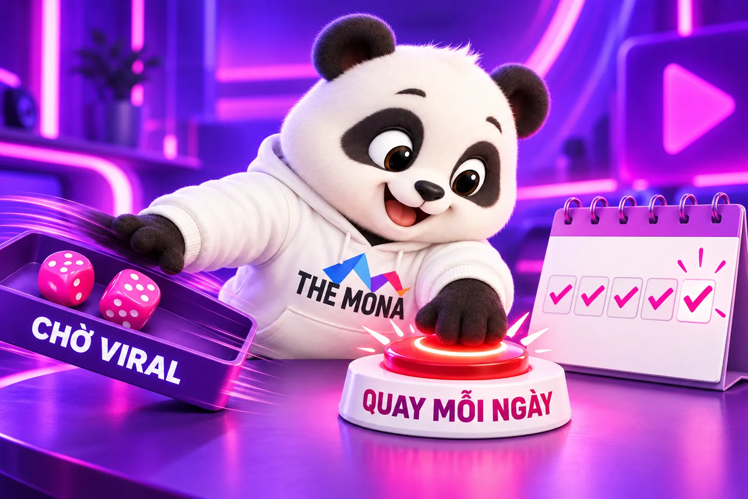 Gấu THE MONA gạt khay xúc xắc Chờ viral, bấm nút Quay mỗi ngày, lịch thêm một ô tick