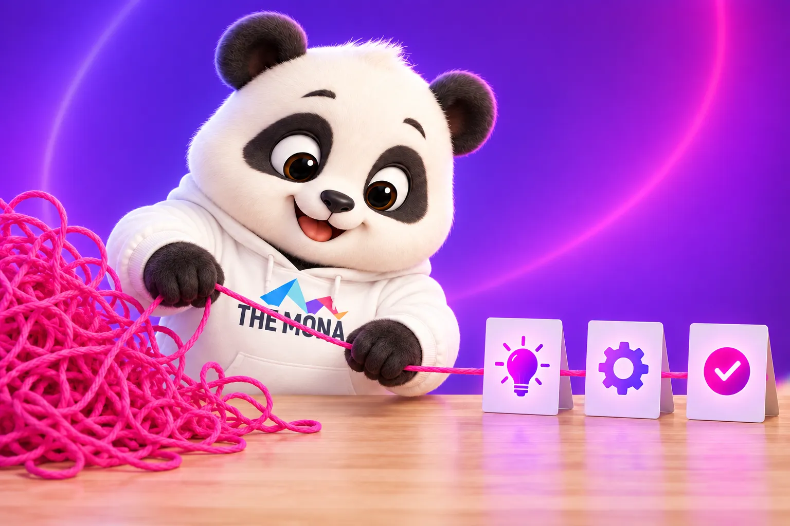 Có hình giải thích là hiểu: gấu MONA gỡ nùi chỉ hồng rối thành sợi thẳng nối 3 thẻ hình bóng đèn, bánh răng, dấu tích