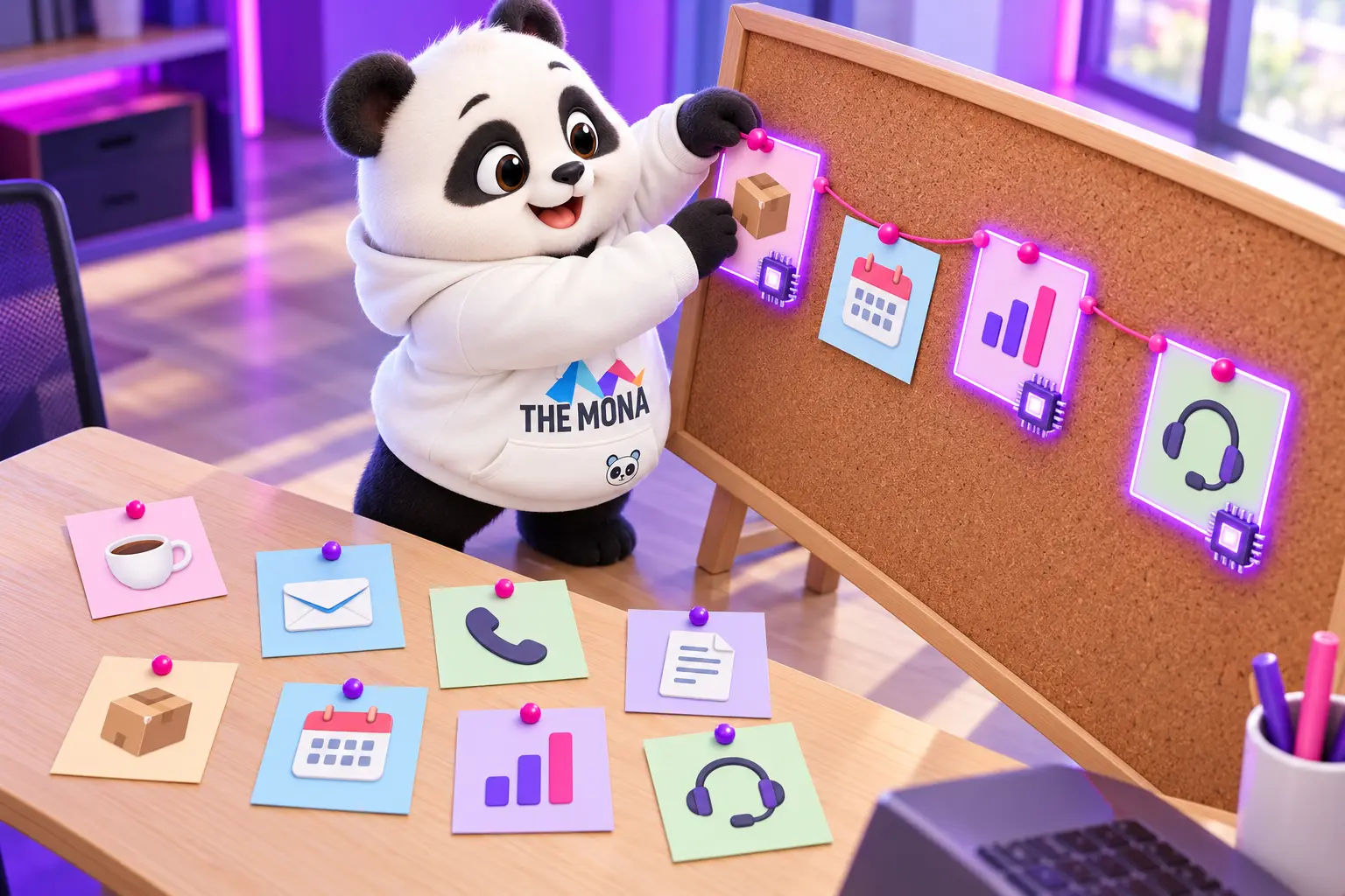Setup AI native: gấu THE MONA ghim thẻ việc mỗi ngày lên bảng thành sơ đồ quy trình, vài khúc sáng lên giao cho AI