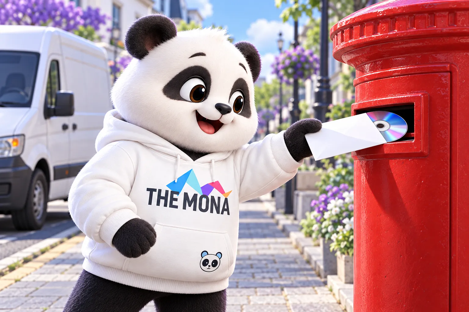 Gấu bỏ phong bì đựng đĩa phim vào hòm thư bưu điện đỏ bên đường
