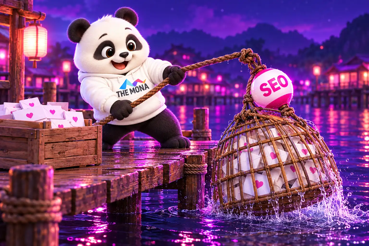 Gấu THE MONA kéo rọ SEO đầy thư lên khỏi mặt nước, thùng bên cạnh chứa thư lần trước