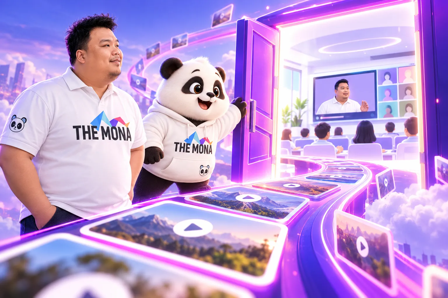 Gấu mở cánh cổng cuối đường thẻ video dẫn vào lớp học miễn phí của Khánh Hùng Academy, Hùng đứng cạnh