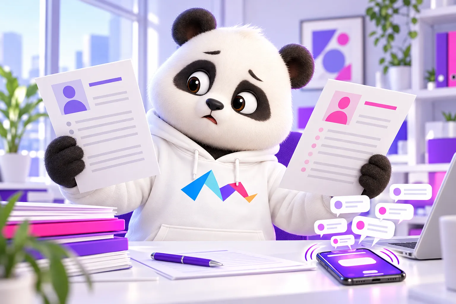 Gấu cầm hai tập hồ sơ phân vân, điện thoại bên cạnh rung nhiều thông báo