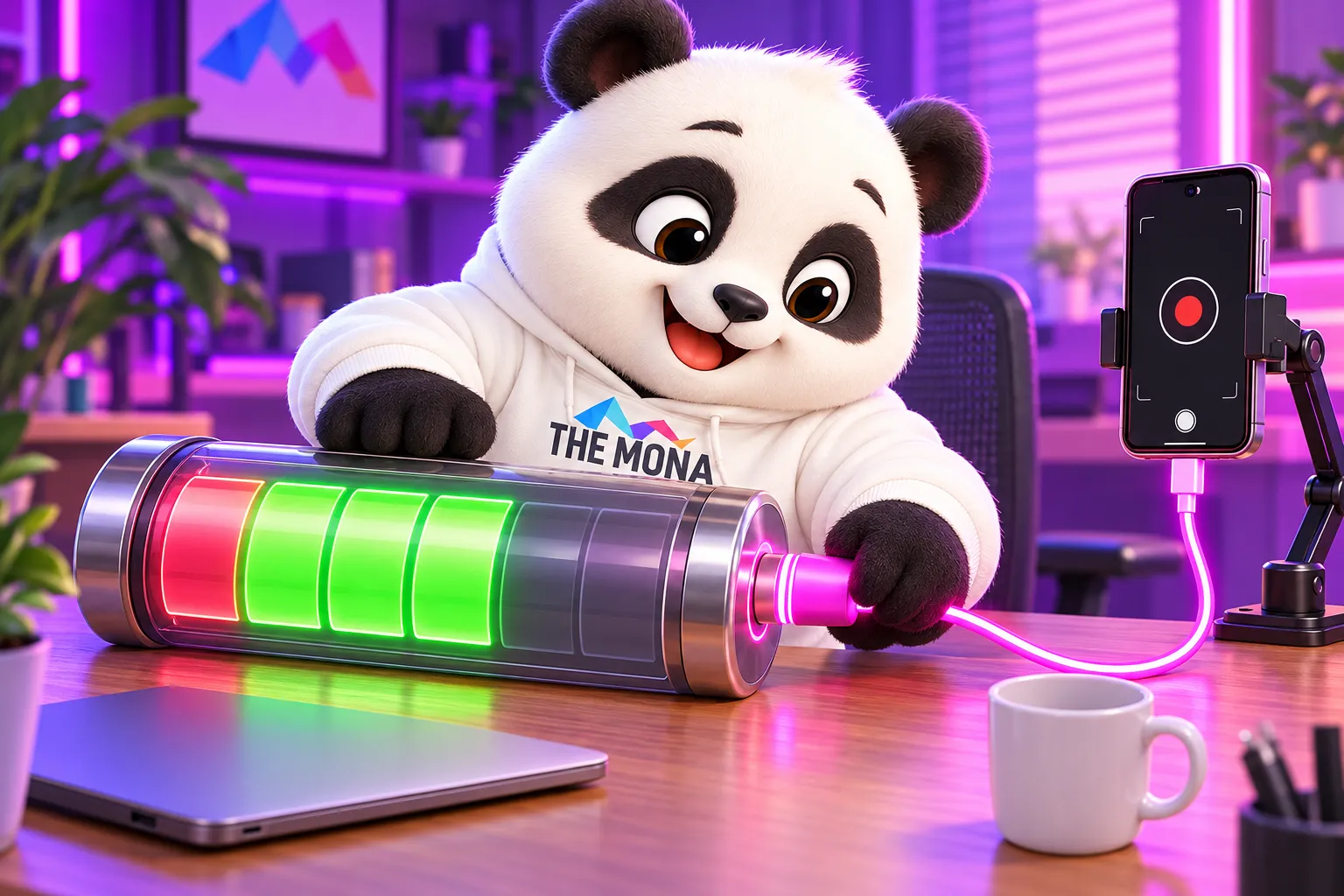Người bận bở hơi: gấu THE MONA cắm sạc vào cục pin cạn, điện thoại trên giá đang quay video