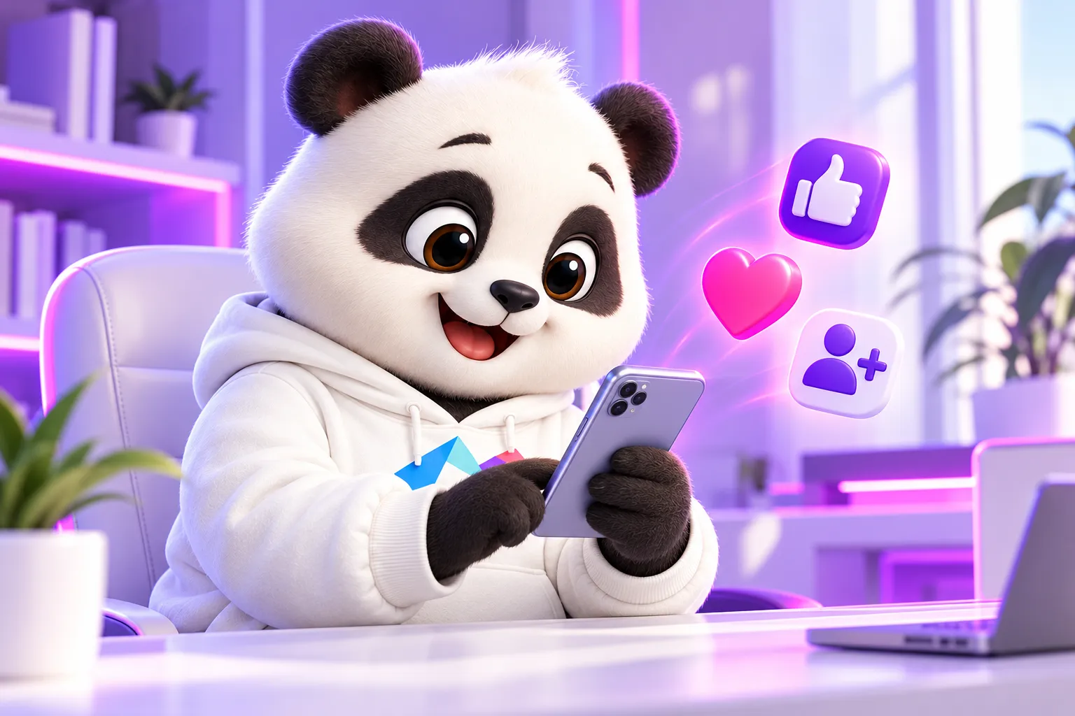 Gấu gõ tin nhắn trên điện thoại, cạnh có biểu tượng ngón cái, trái tim và theo dõi