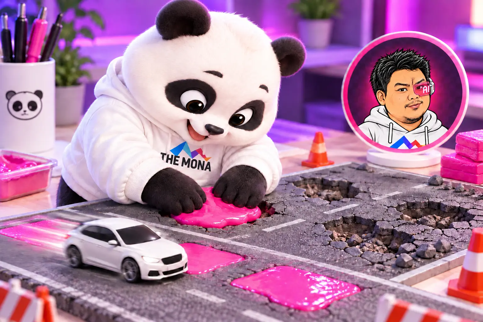 Hùng nhỏ AI edit bù: gấu MONA ấn khối hồng trám ổ gà, xe đồ chơi lướt êm trên đoạn đã trám