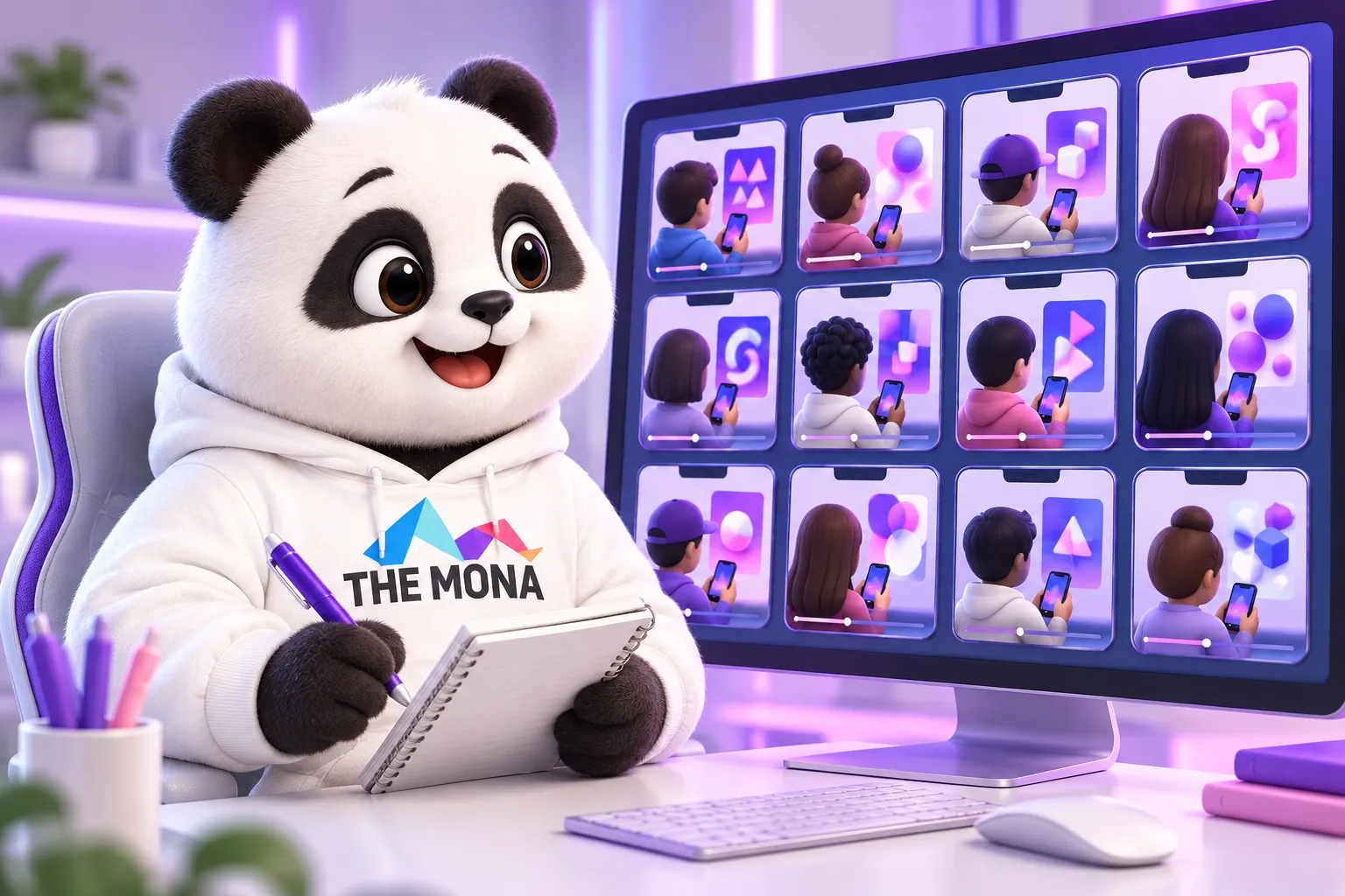 Gấu ngồi trước màn hình lớn có nhiều khung điện thoại, mỗi khung một người xem video ngắn, gấu ghi chép