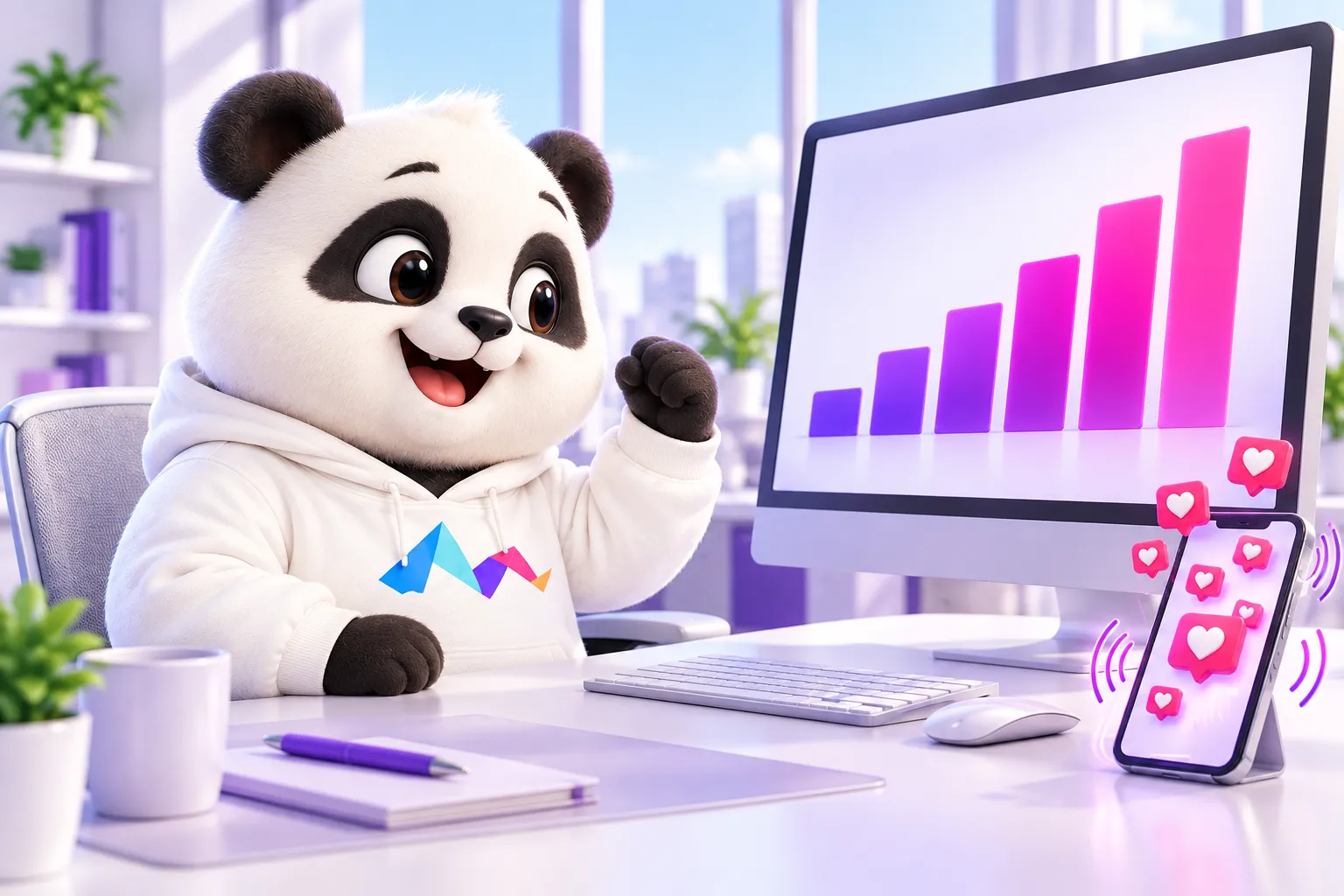 Gấu ngồi bên màn hình biểu đồ cột đi lên, điện thoại rung nhiều thông báo trái tim