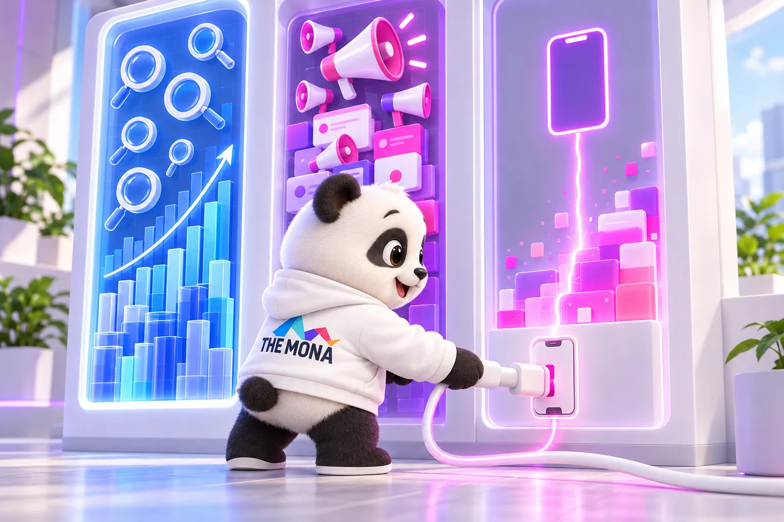Gấu chỉ vào cột mạng xã hội còn trống bên cạnh hai cột SEO và quảng cáo đã đầy