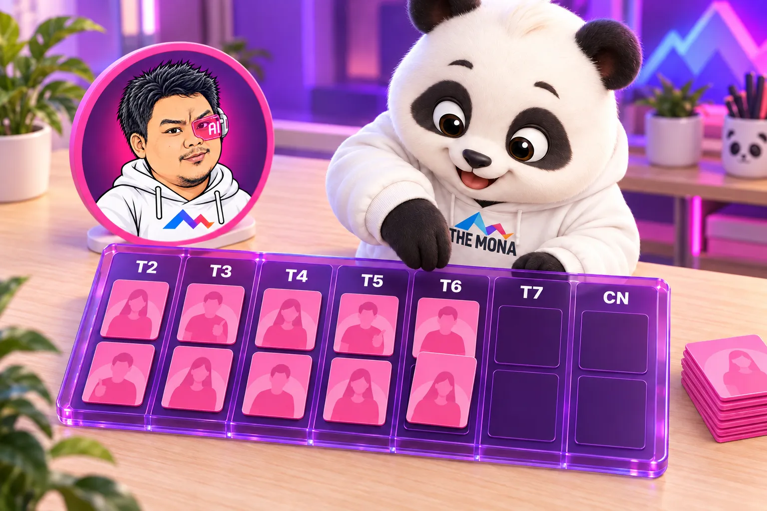 Lịch đăng video kín tới thứ 6: gấu MONA cắm thẻ video hồng vào ô T6, cạnh thẻ tròn Hùng nhỏ AI