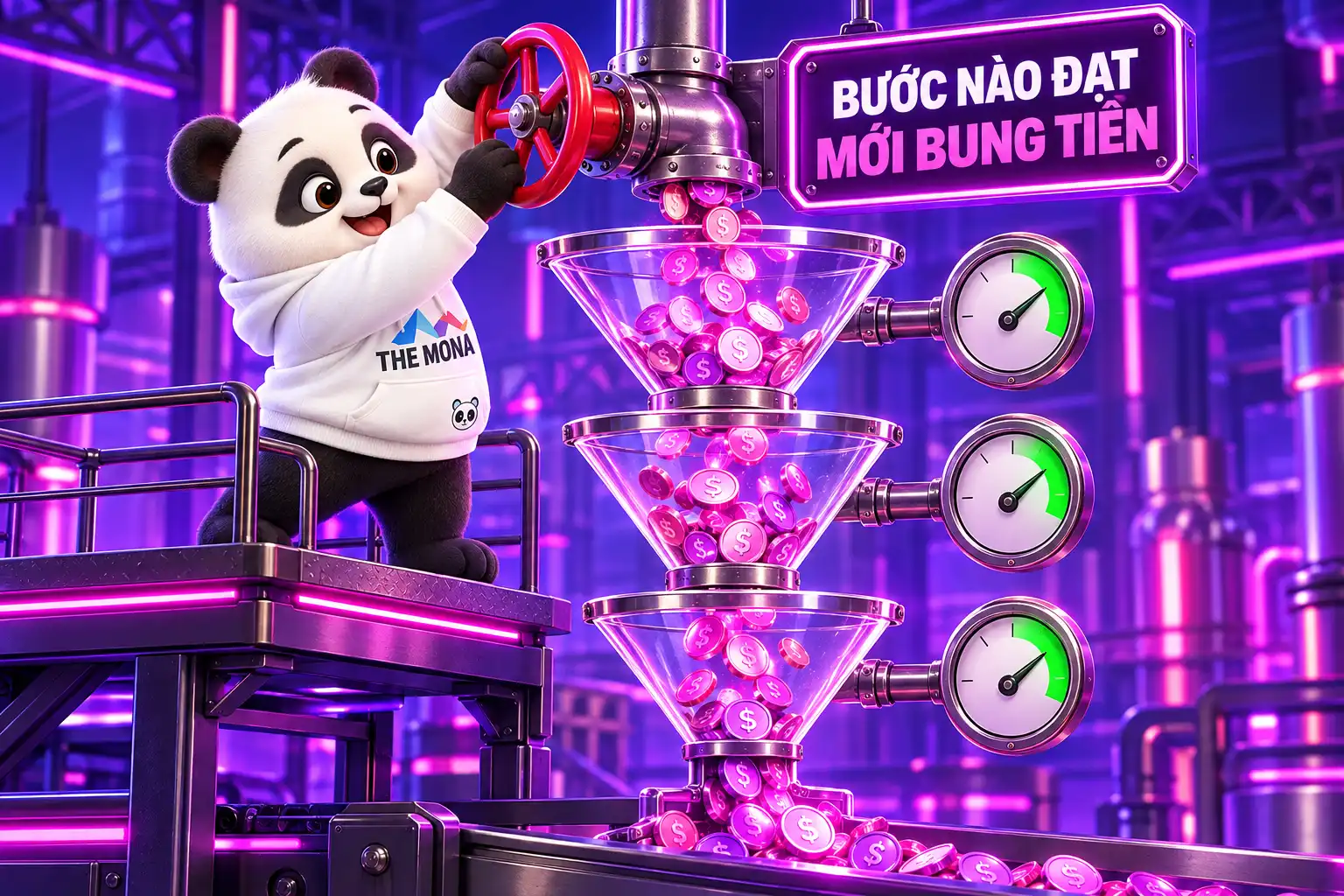 Gấu THE MONA xoay van đỏ khi 3 đồng hồ trên phễu đã đạt, tiền chảy xuống phễu