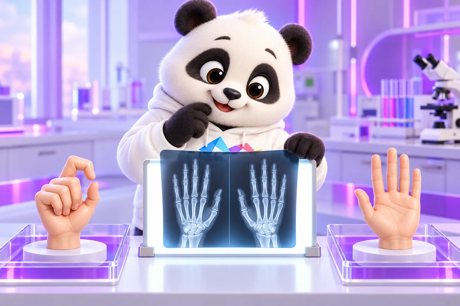 Gấu soi phim chụp xương hai bàn tay, một tay bẻ một tay không bẻ