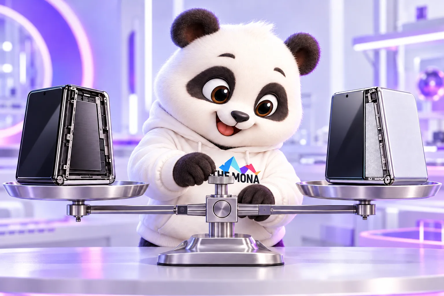 Hai điện thoại gập hai hướng xử lý vết gấp đối lập đặt trên hai đĩa cân