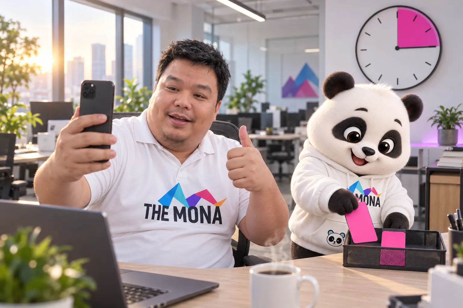 Đi sớm 15 phút quay 2 video: Hùng quay điện thoại ở văn phòng, đồng hồ tô hồng 15 phút, gấu MONA đặt thẻ video thứ 2 vào khay
