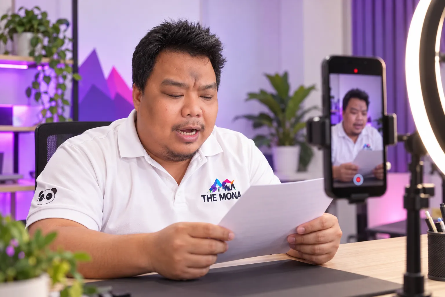 Hùng đọc kịch bản có sẵn trước máy quay điện thoại khi nói về lĩnh vực mình không rành