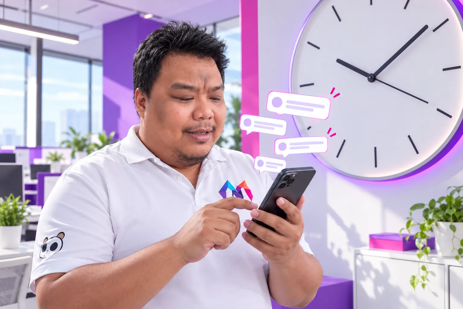 Hùng đứng cạnh đồng hồ treo tường lớn, tay cầm điện thoại đầy bình luận chưa trả lời