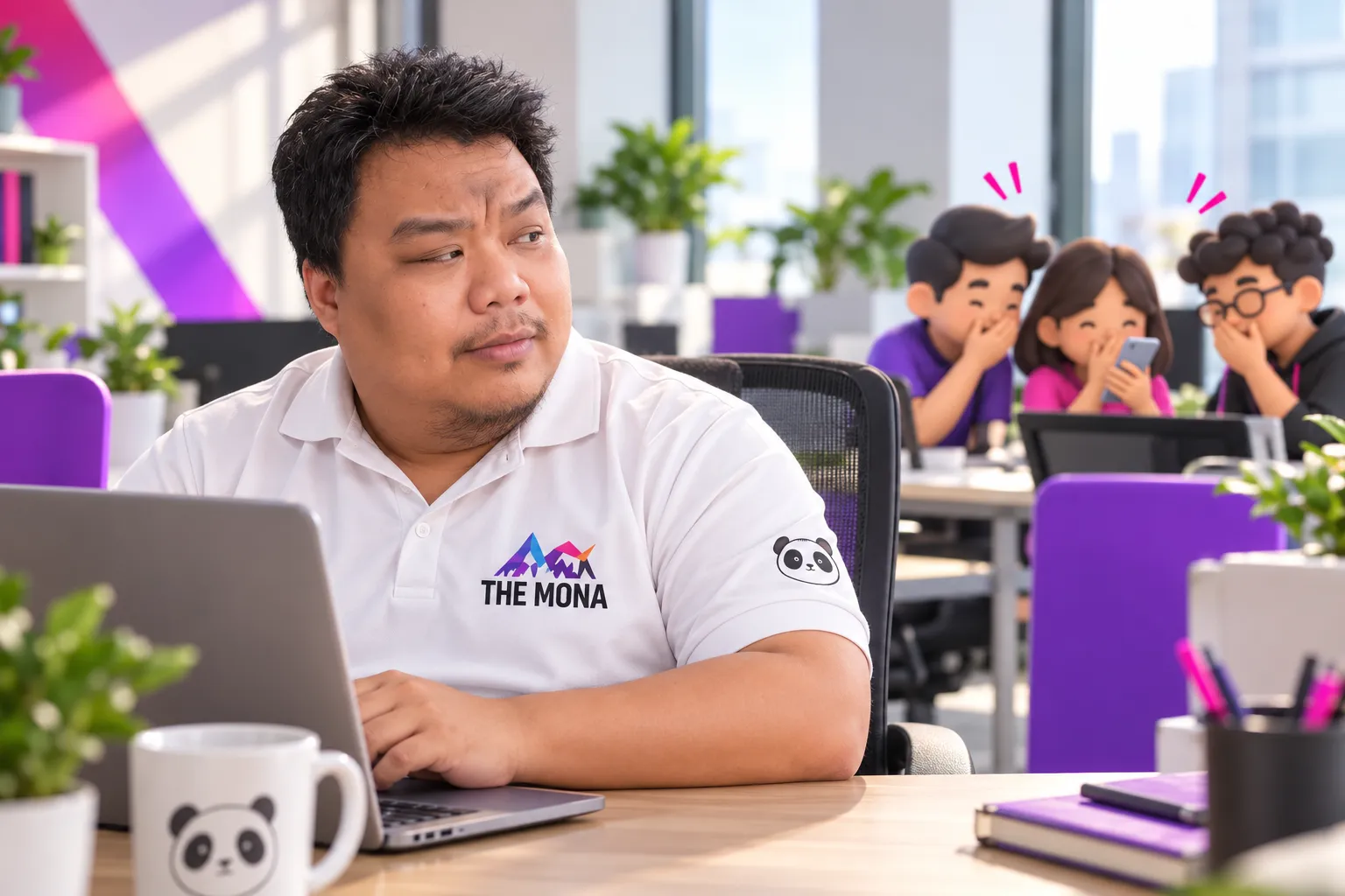 Hùng đứng trong văn phòng, nhóm đồng nghiệp xa xa che miệng cười nhìn điện thoại