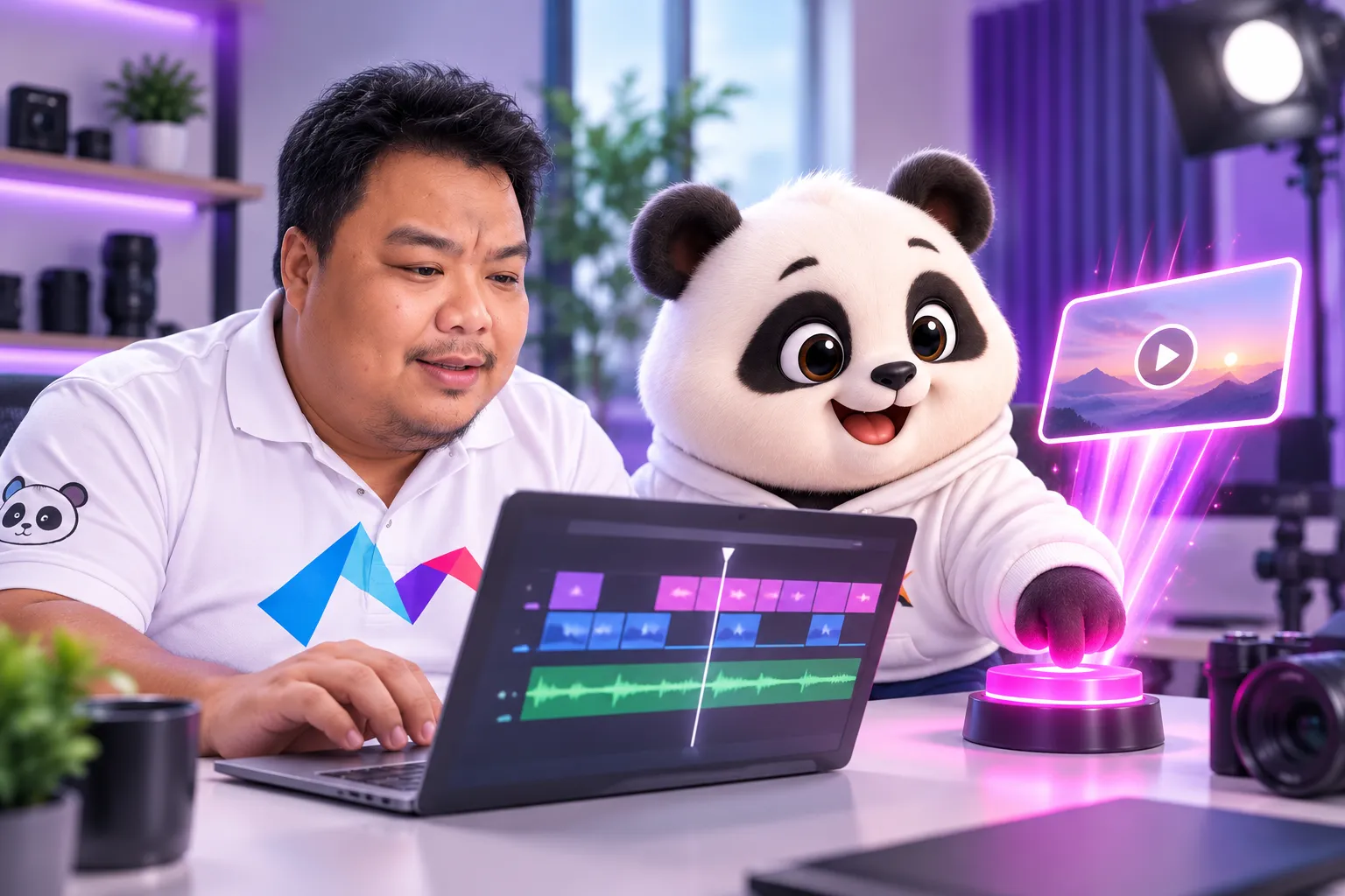 Hùng cạnh laptop dựng video, gấu bấm nút đăng sáng hồng
