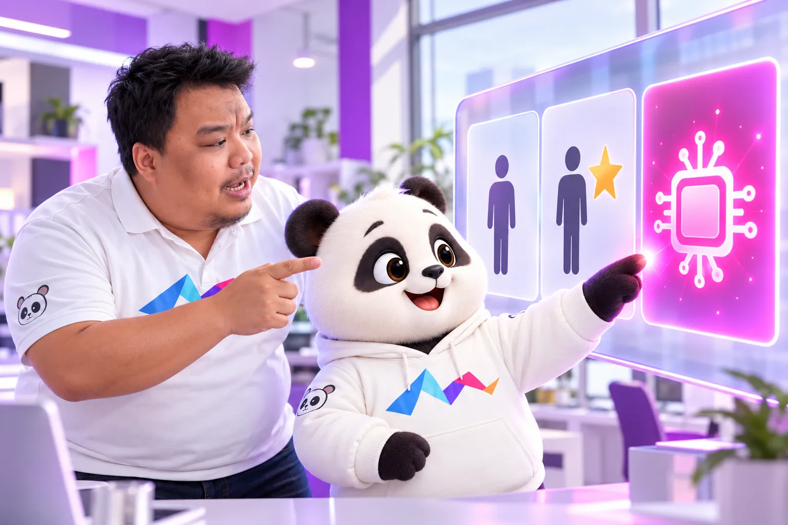 Hùng và gấu đứng trước màn hình chia ba ô, ô thứ ba là chip AI sáng hồng