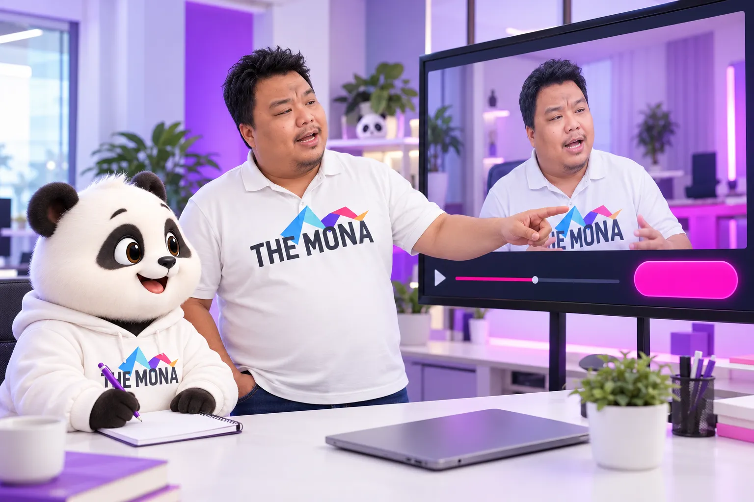 Hùng đứng cạnh màn hình chiếu video có nút bấm hồng ở cuối, gấu ghi chép