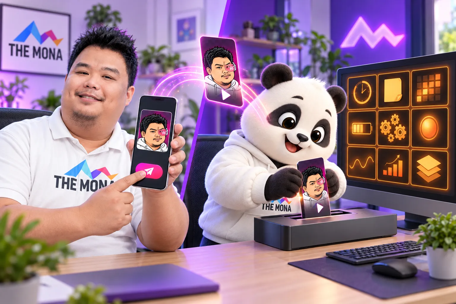 Hùng bấm Gửi video gốc trên app Hùng nhỏ AI, gấu MONA đặt video vào máy trạm, lưới 9 cảnh animation sáng lên