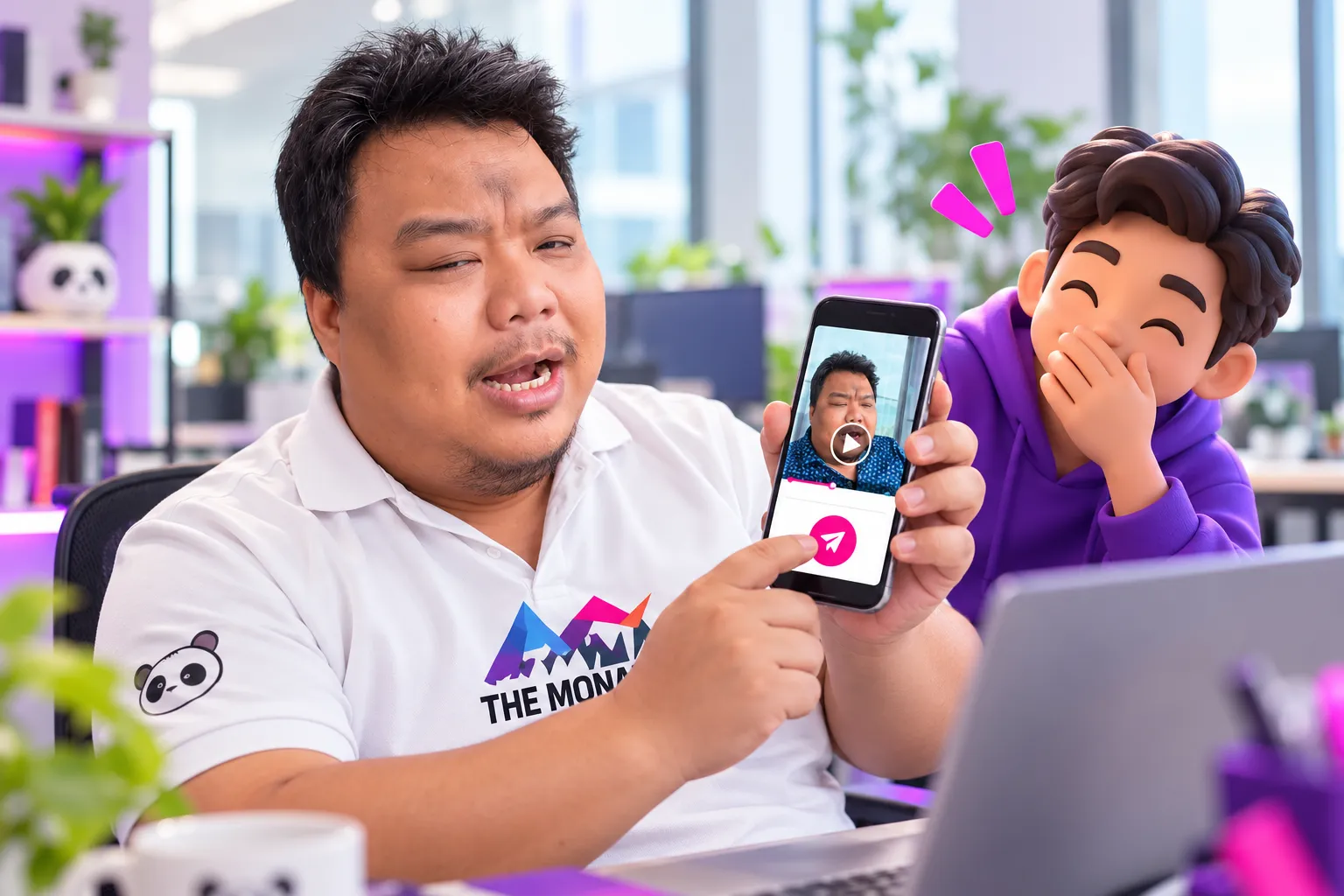 Hùng bấm nút gửi video trên điện thoại, bên cạnh một người đang cười che miệng