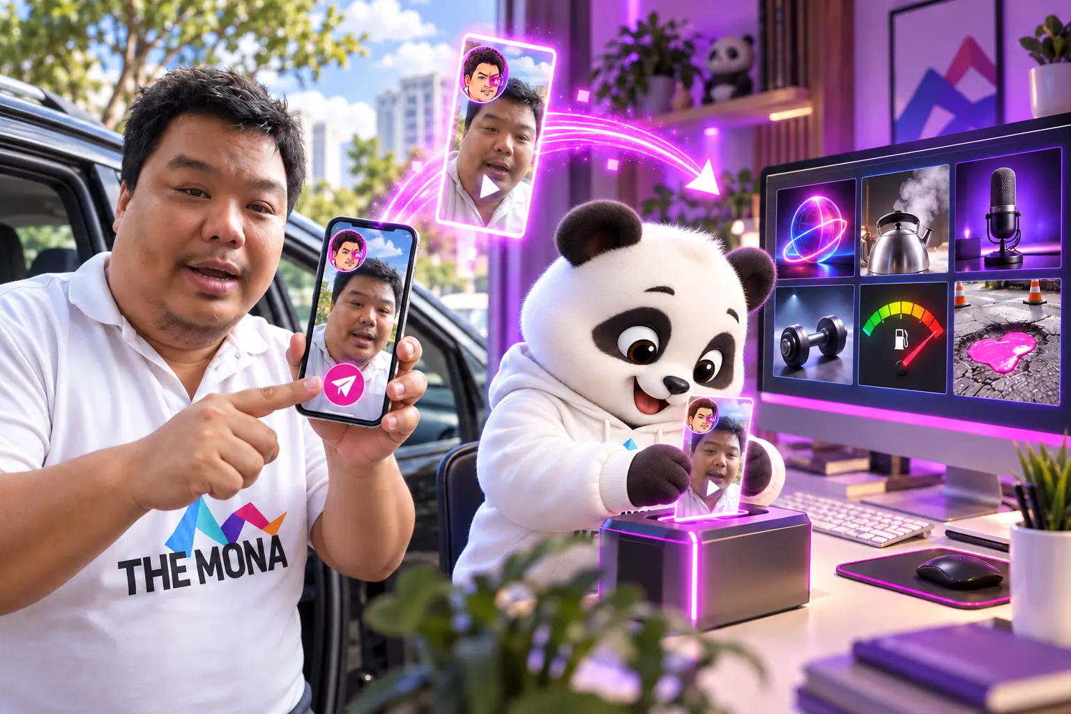Làm video mạng xã hội không cần giọng duyên: Hùng bấm Gửi trên app Hùng nhỏ AI, gấu MONA đặt video vào máy trạm