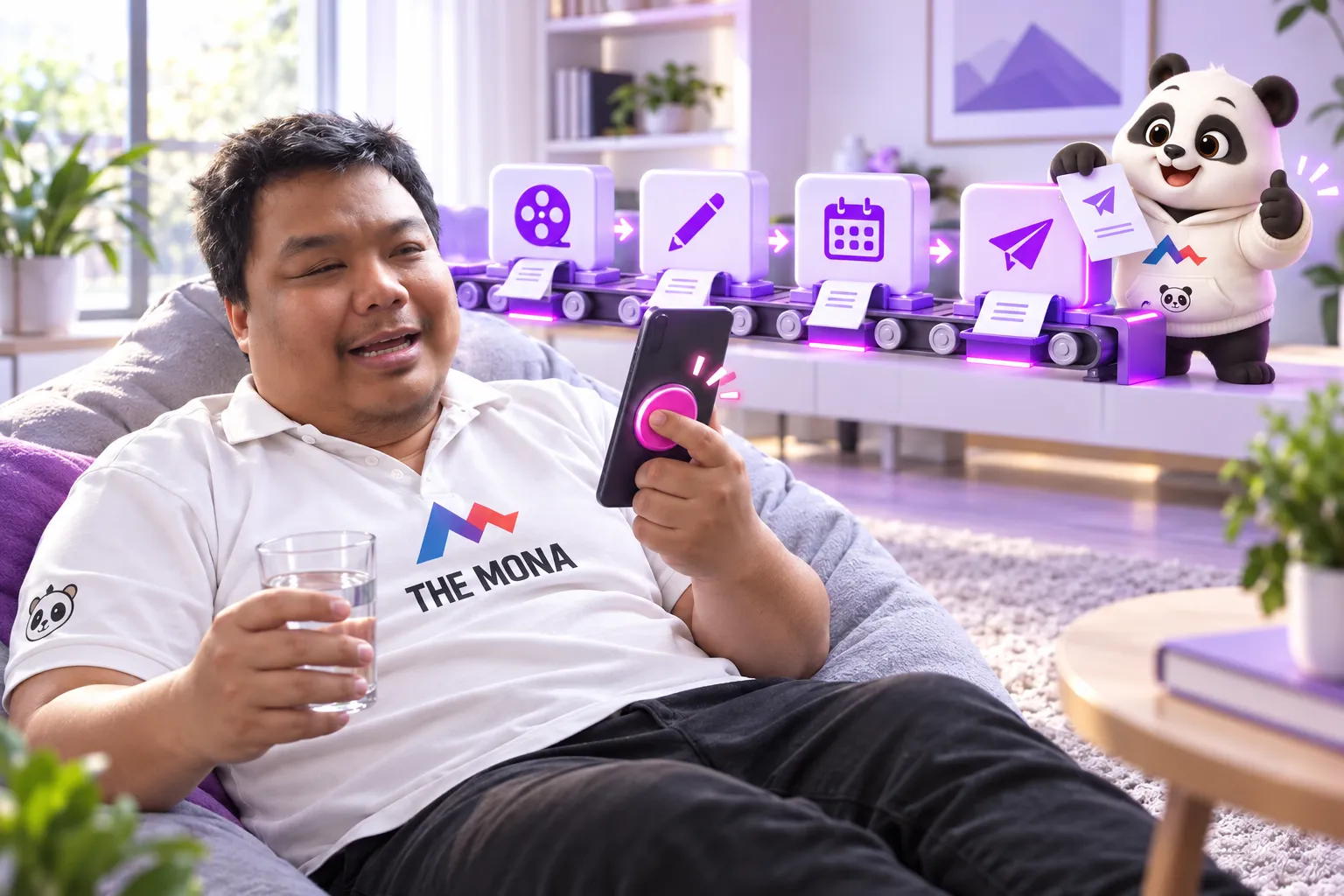 Hùng ngả lưng bấm 1 nút hồng trên app Hùng nhỏ AI, dây chuyền dựng video, viết caption, hẹn lịch, đăng tự chạy