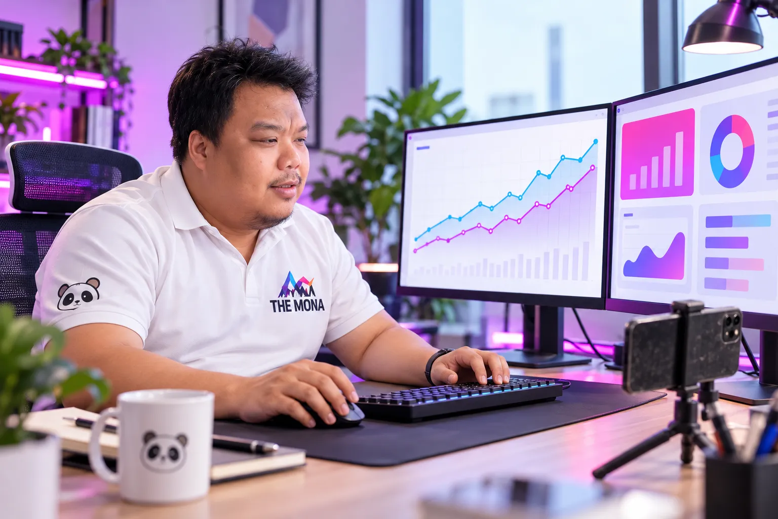 Hùng ngồi làm SEO và quảng cáo, điện thoại quay đặt bỏ góc bàn vì CEO làm mạng xã hội chưa phải ưu tiên