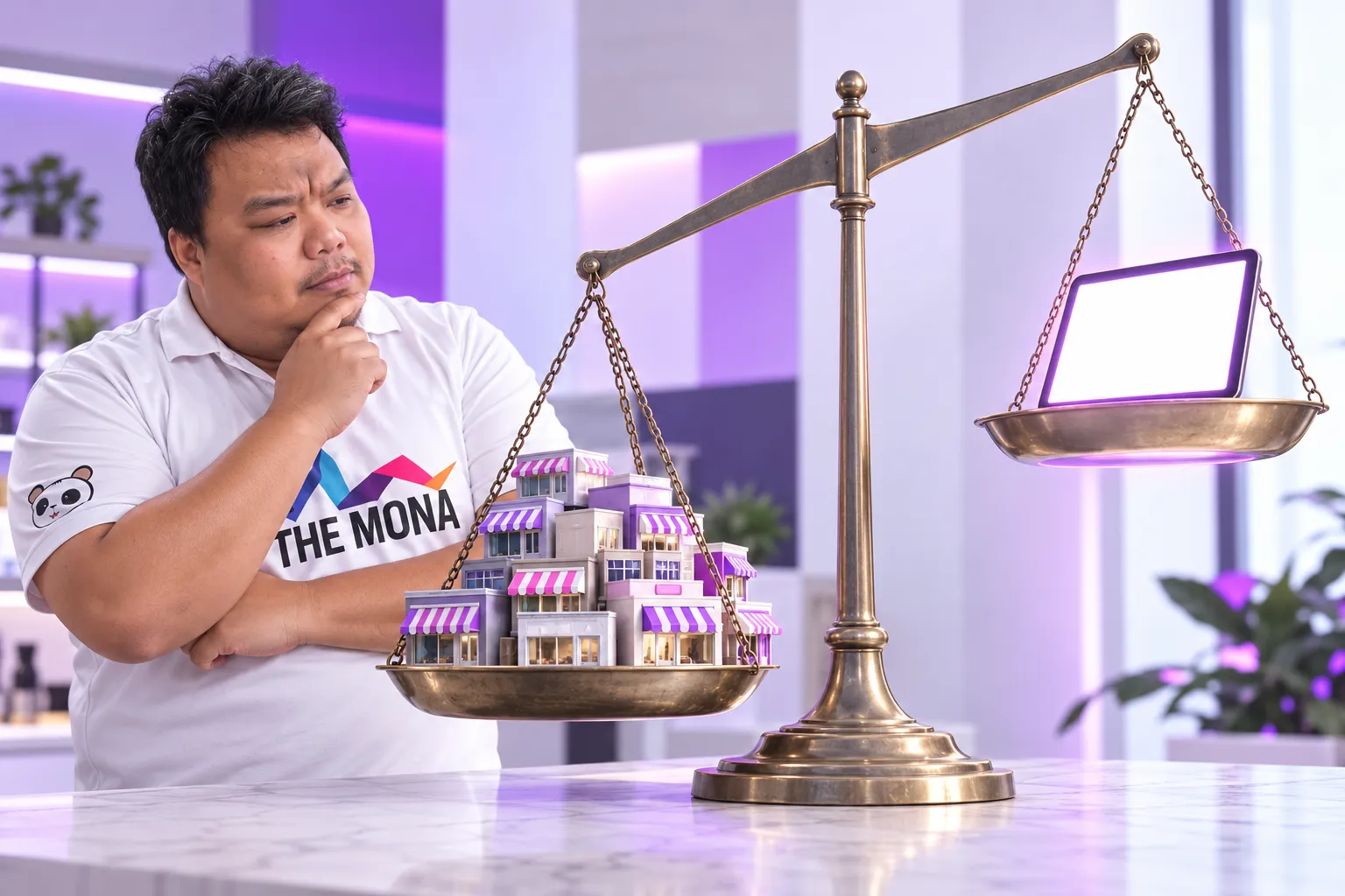 Hùng nhìn cái cân, một đĩa chất đầy mô hình cửa hàng, đĩa kia chỉ có một màn hình phát sáng đang nâng lên