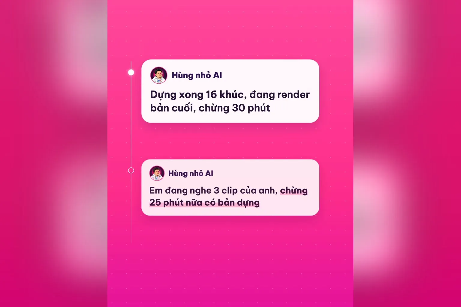 Hùng nhỏ AI báo từng bước dựng về app: đang nghe 3 clip, dựng xong 16 khúc, đang render bản cuối