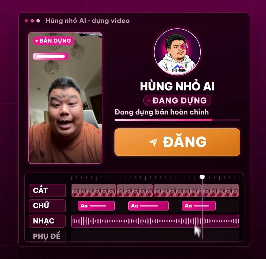 Hùng nhỏ AI tự dựng video: cắt, chữ, nhạc, phụ đề rồi bấm đăng