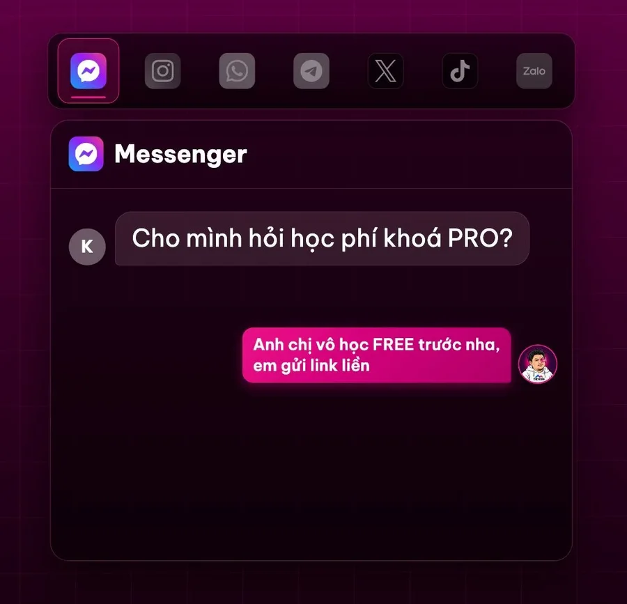 Hùng nhỏ AI trả lời tin nhắn Messenger hỏi học phí khoá PRO