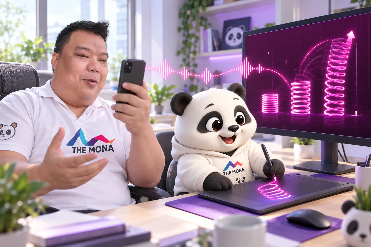 AI vẽ animation giải thích video: Hùng cầm điện thoại nói đạo lý, gấu vẽ lò xo hồng neon trên màn máy trạm theo lời nói