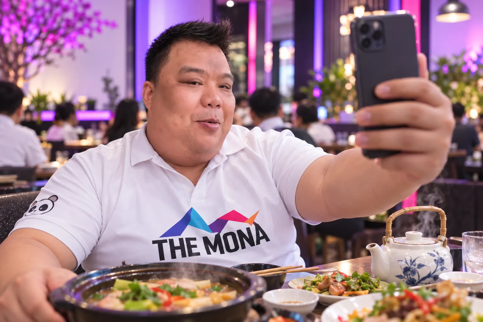 Hùng ngồi bàn gia đình giữa nhà hàng đông, giơ điện thoại quay clip có đĩa món ăn và ấm trà