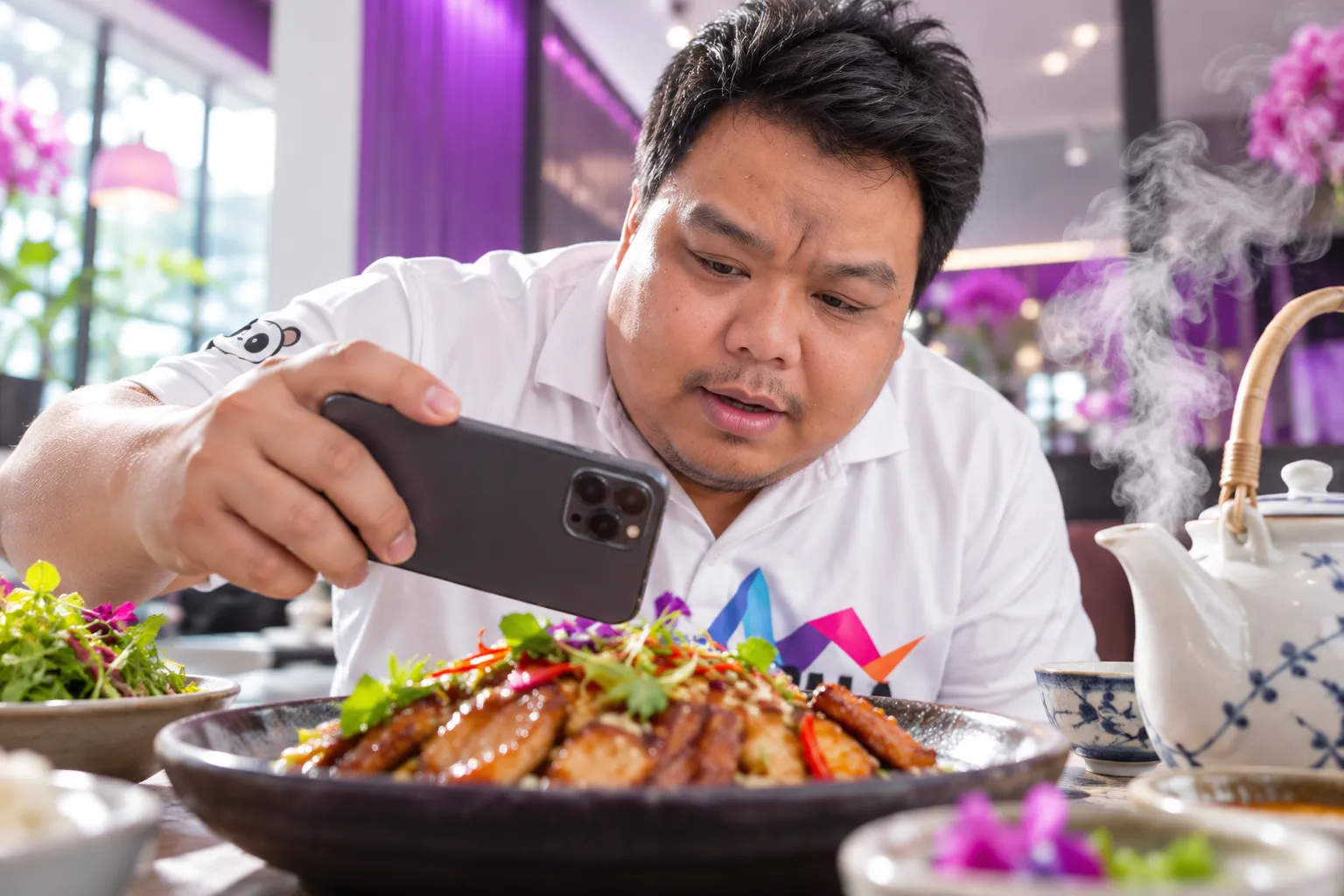 Hùng quay cận đĩa món ăn và ấm trà bốc khói làm cảnh quay bổ sung