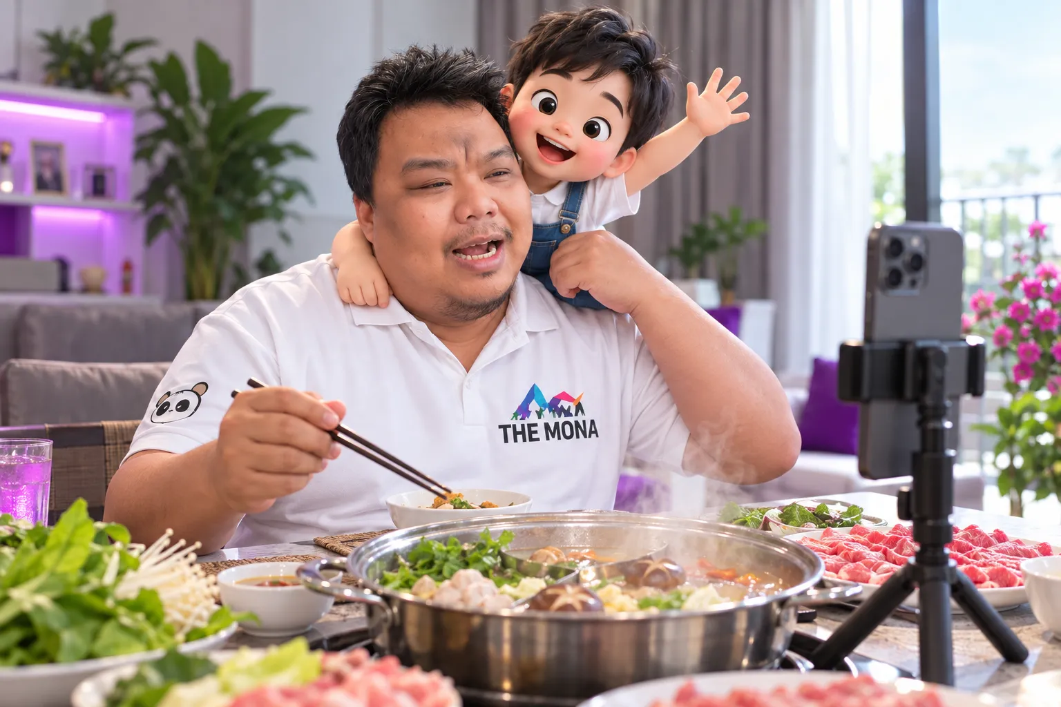 Hùng quay video ngắn giữa bữa lẩu, con leo lên vai giơ tay la Ba ba giữa câu