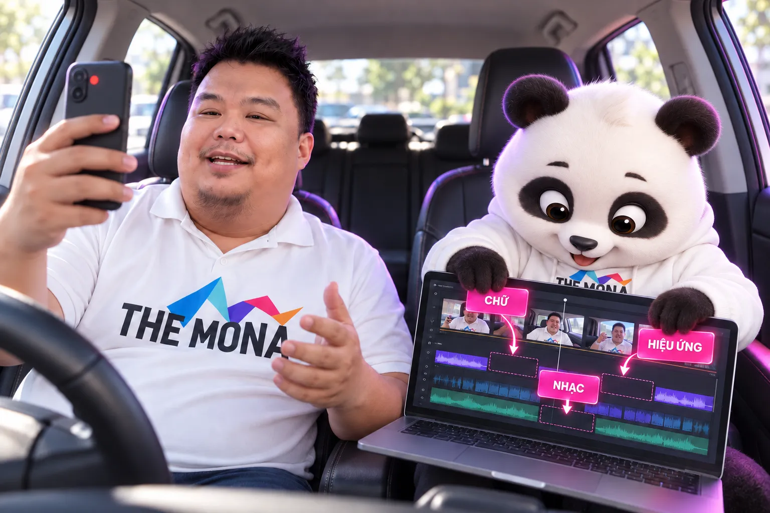 Quay video không cần kịch bản: Hùng ngồi trong xe tự quay điện thoại, gấu MONA kéo khối CHỮ, NHẠC, HIỆU ỨNG vào timeline