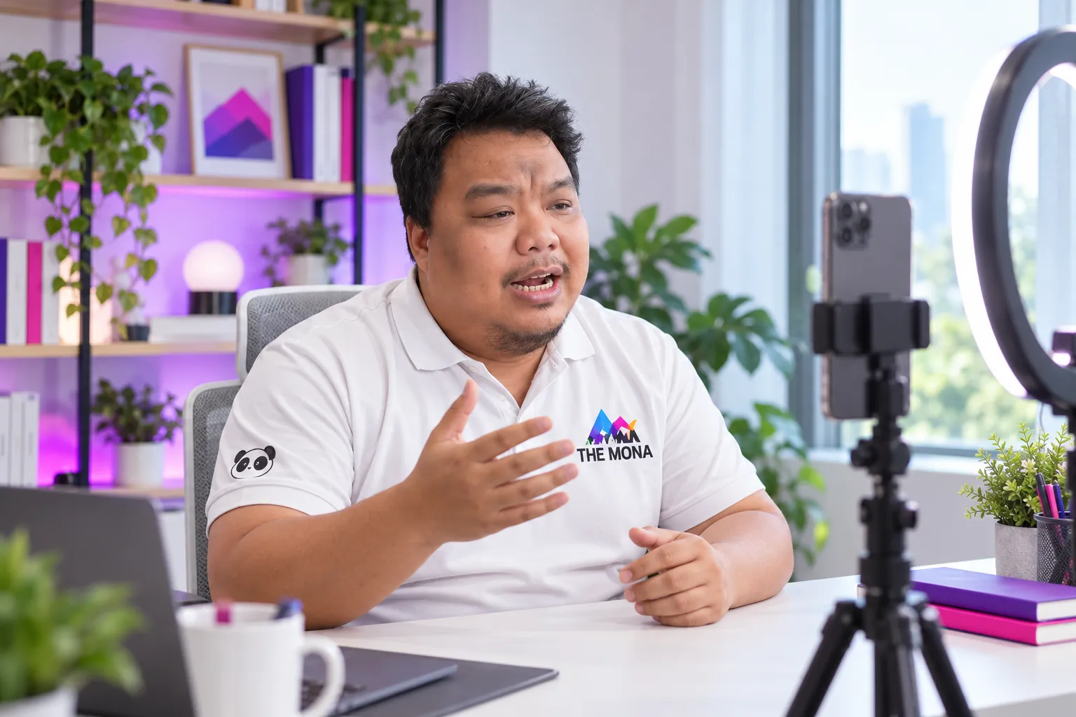 Hùng quay video bằng điện thoại trên chân máy trong phòng làm việc có giá sách