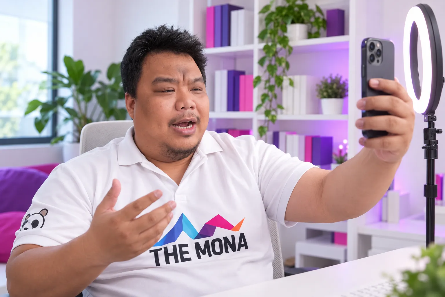 Hùng cầm điện thoại quay video ngắn trước giá sách, có vòng đèn tròn