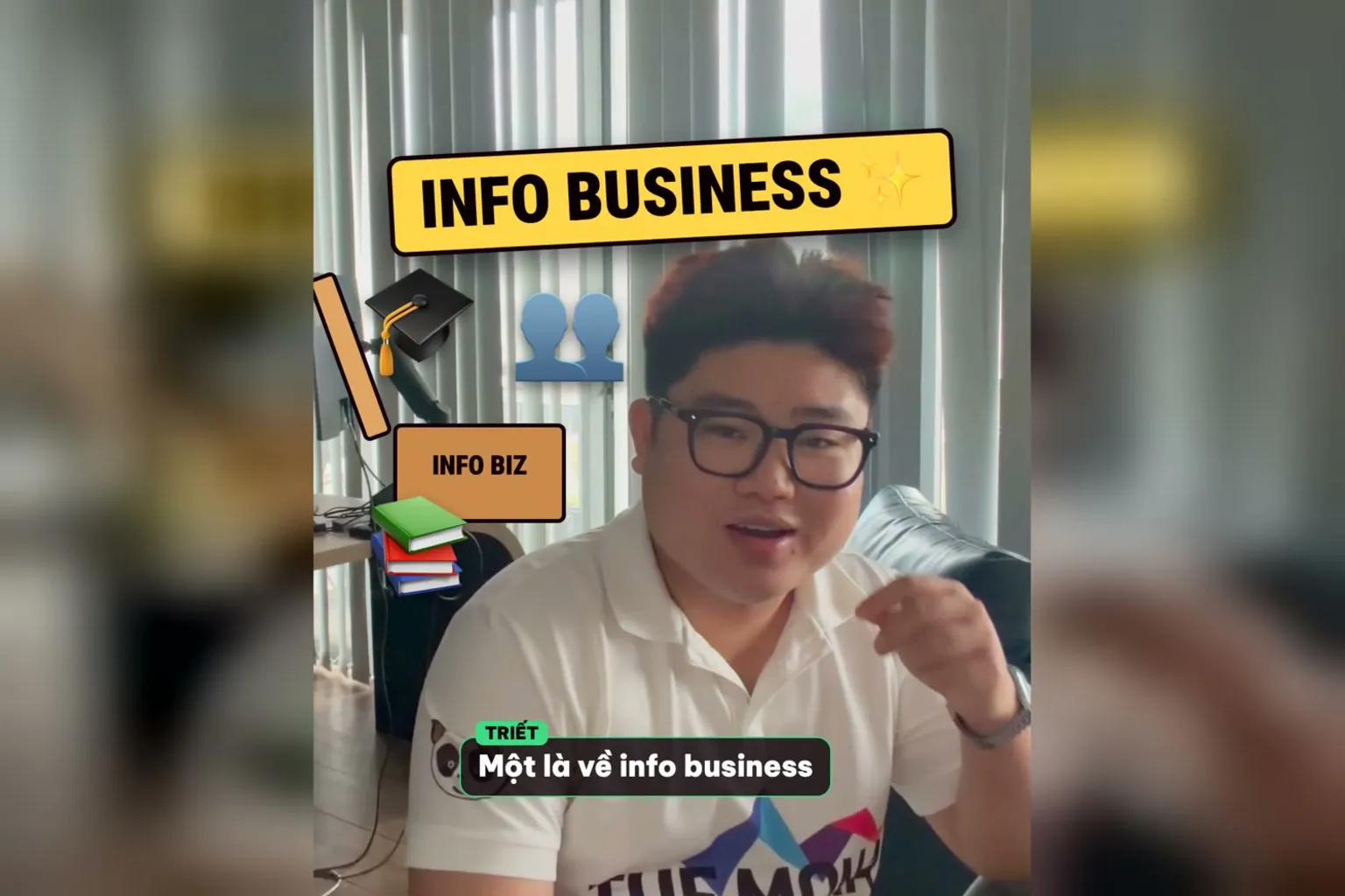 Info business rộng hơn e-learning: chữ E-LEARNING bị gạch, Triết giơ ngón cái TỰ TIN