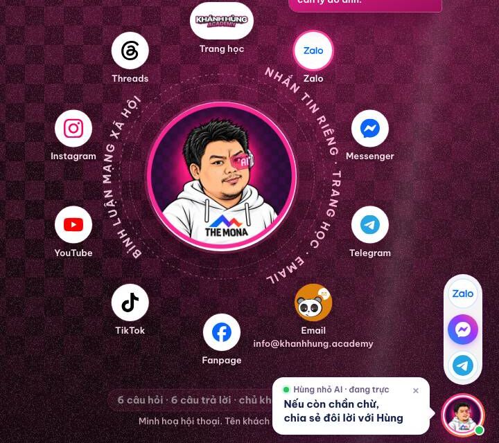 Hùng nhỏ AI trực trang học, Zalo, Messenger, Telegram, email và mạng xã hội
