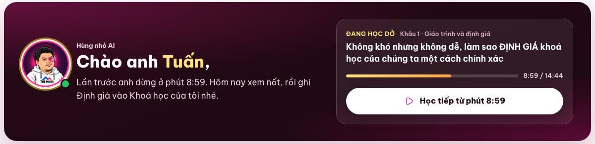 Trang học KHA AI 2027: Hùng nhỏ AI chào bằng tên, nút học tiếp đúng phút đang dở
