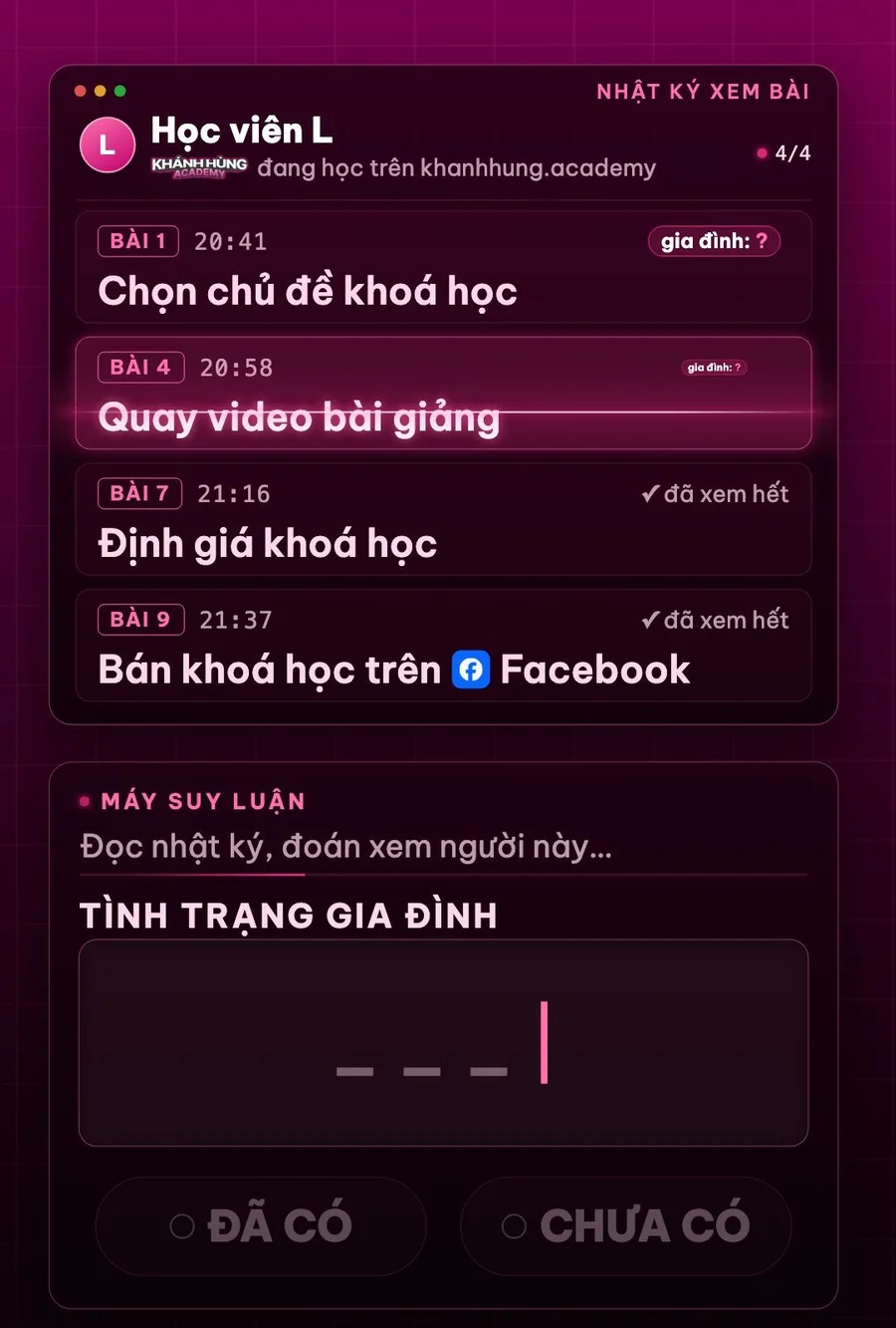 Nhật ký xem bài của học viên: máy không đoán được tình trạng gia đình chỉ từ bài đã xem