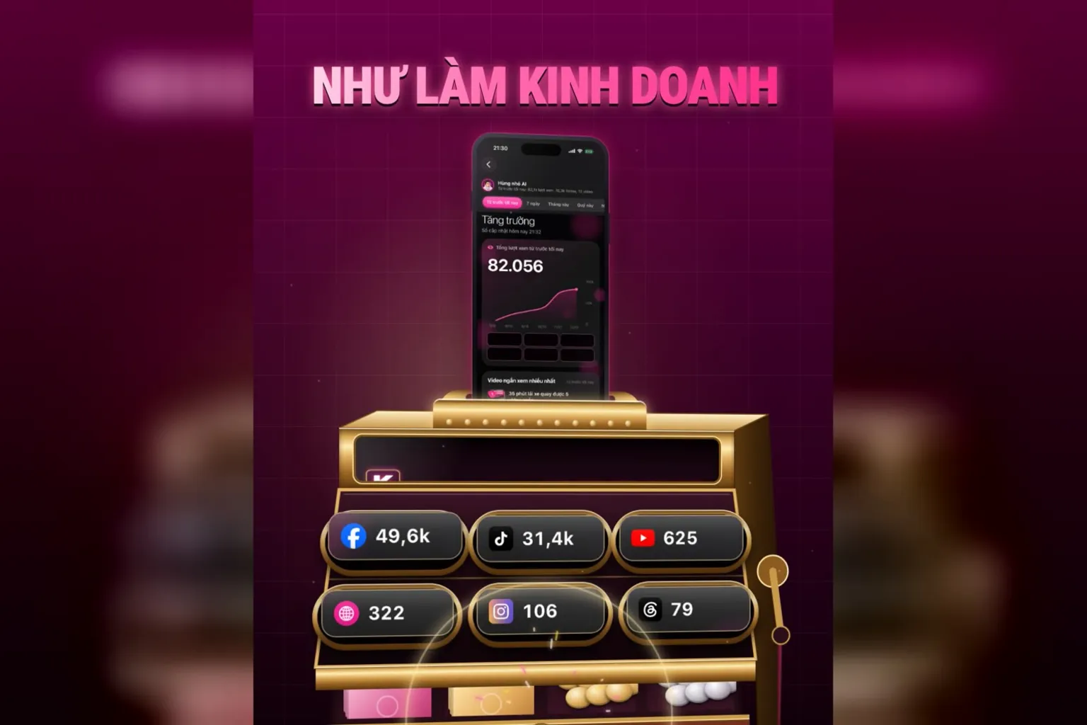 Làm mạng xã hội như làm kinh doanh: máy tính tiền bằng đồng, điện thoại hiện 82.056, nút là số view từng kênh