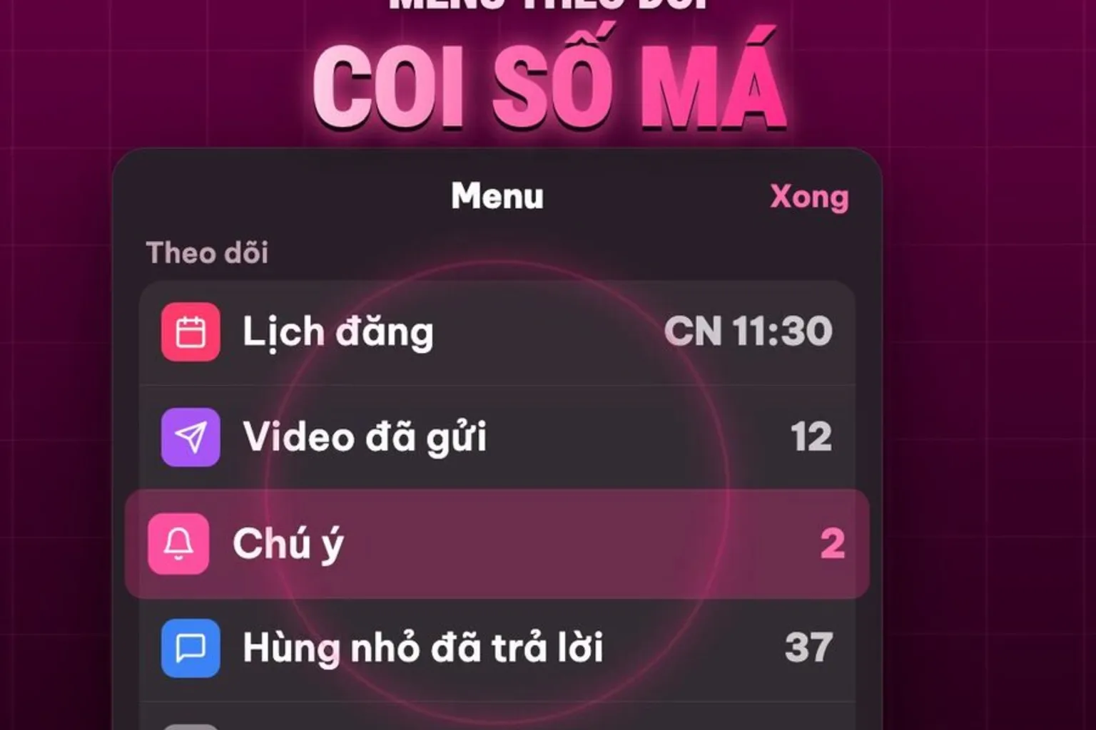 Khung hình thật: menu theo dõi của app Hùng nhỏ AI gồm lịch đăng, video đã gửi, chú ý, Toxic Bouncer, tăng trưởng
