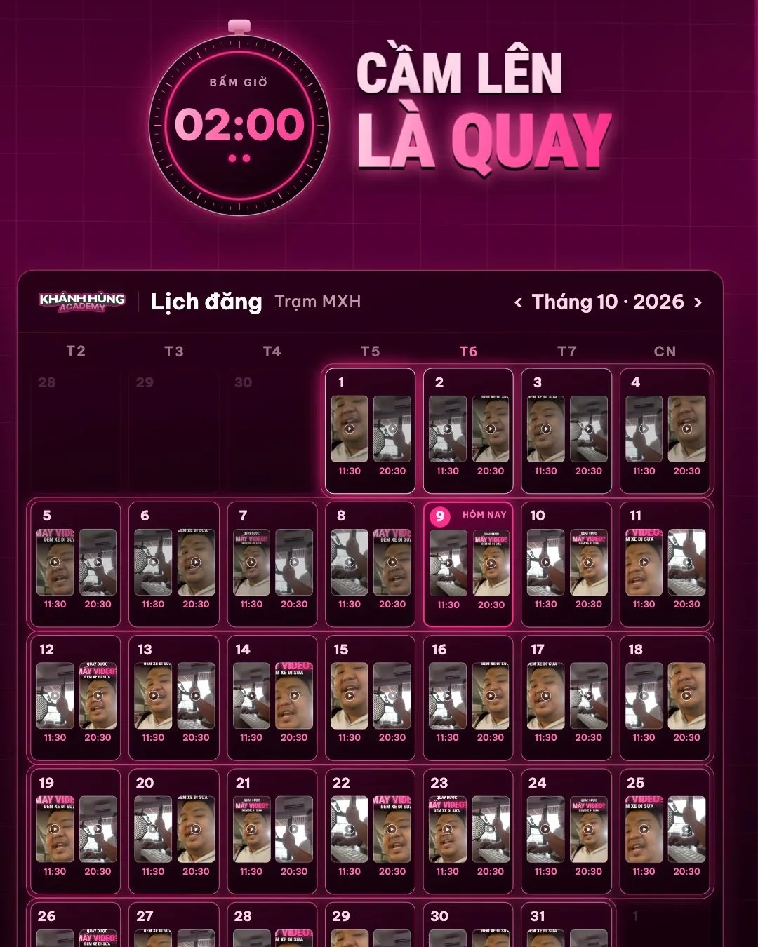 Mỗi ngày 2 video ngắn, mỗi video 2 phút quay: lịch đăng 2 cử 11:30 và 20:30 kín cả tháng