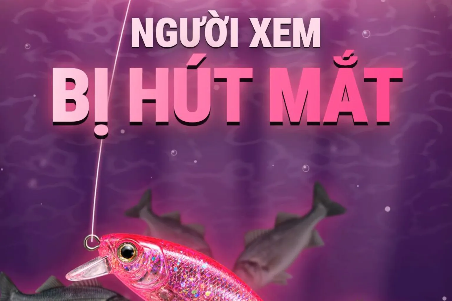 Bầy cá quay nhìn mồi giả giật giật, chữ NGƯỜI XEM BỊ HÚT MẮT bởi nội dung giật giật