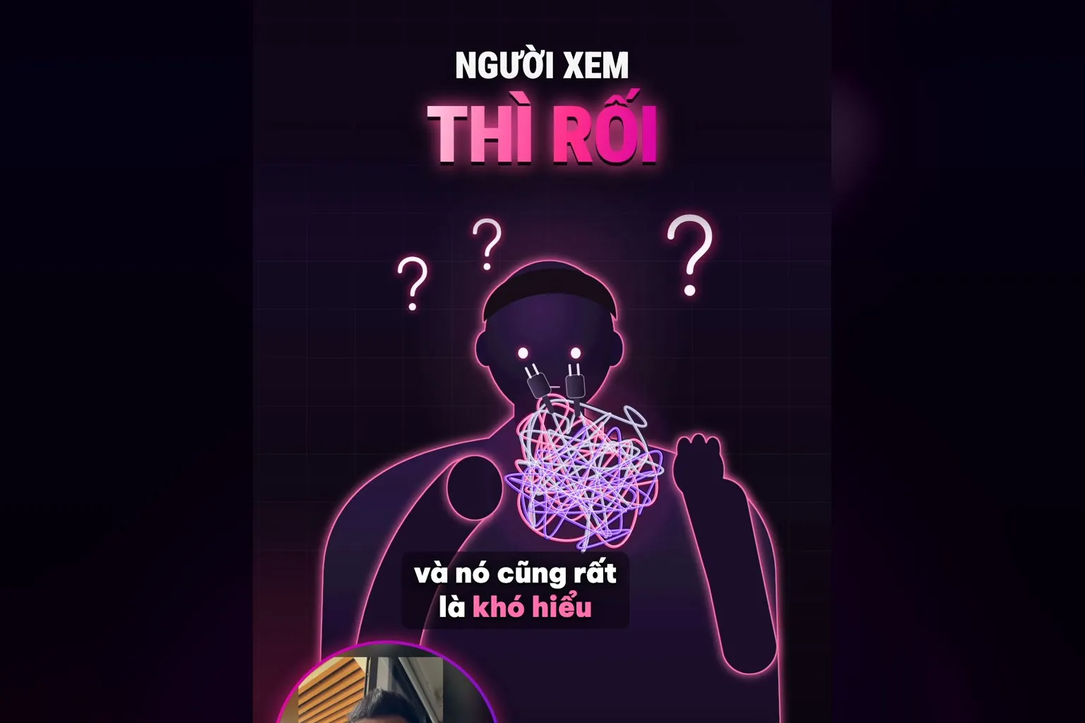 Chuyện nghề sâu nói chay thì người xem rối: người gãi đầu, cuộn chỉ rối trước ngực, chữ Người xem thì rối