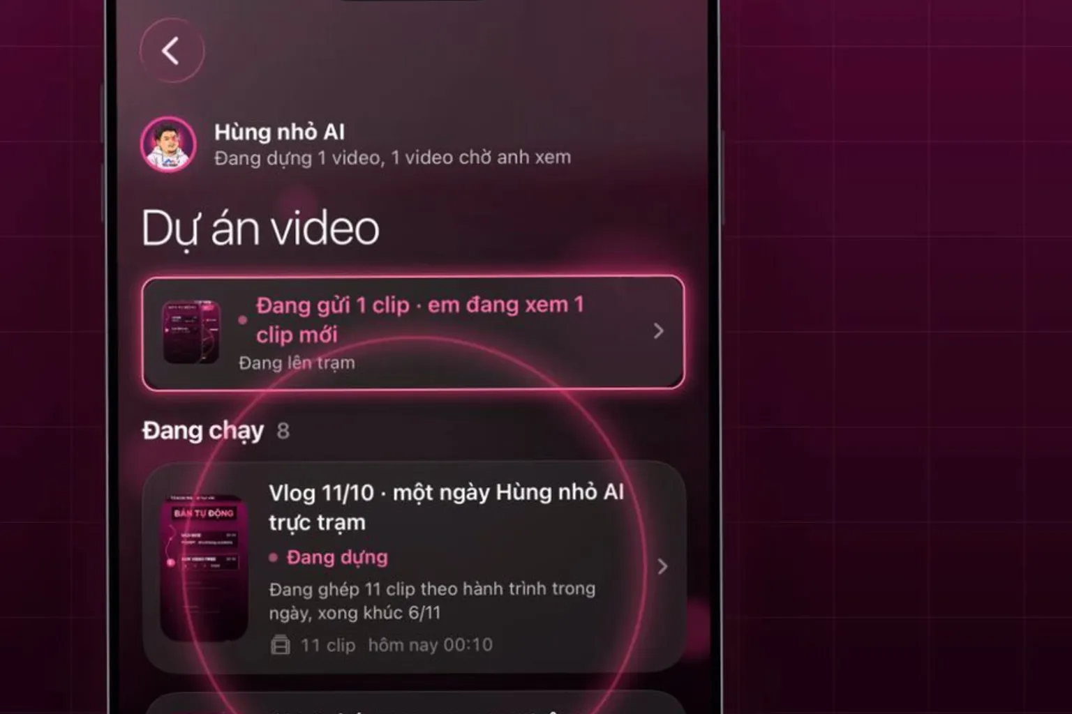 Khung hình thật: màn hình app Hùng nhỏ AI, quăng lên app không dặn 1 chữ, dự án video đang dựng